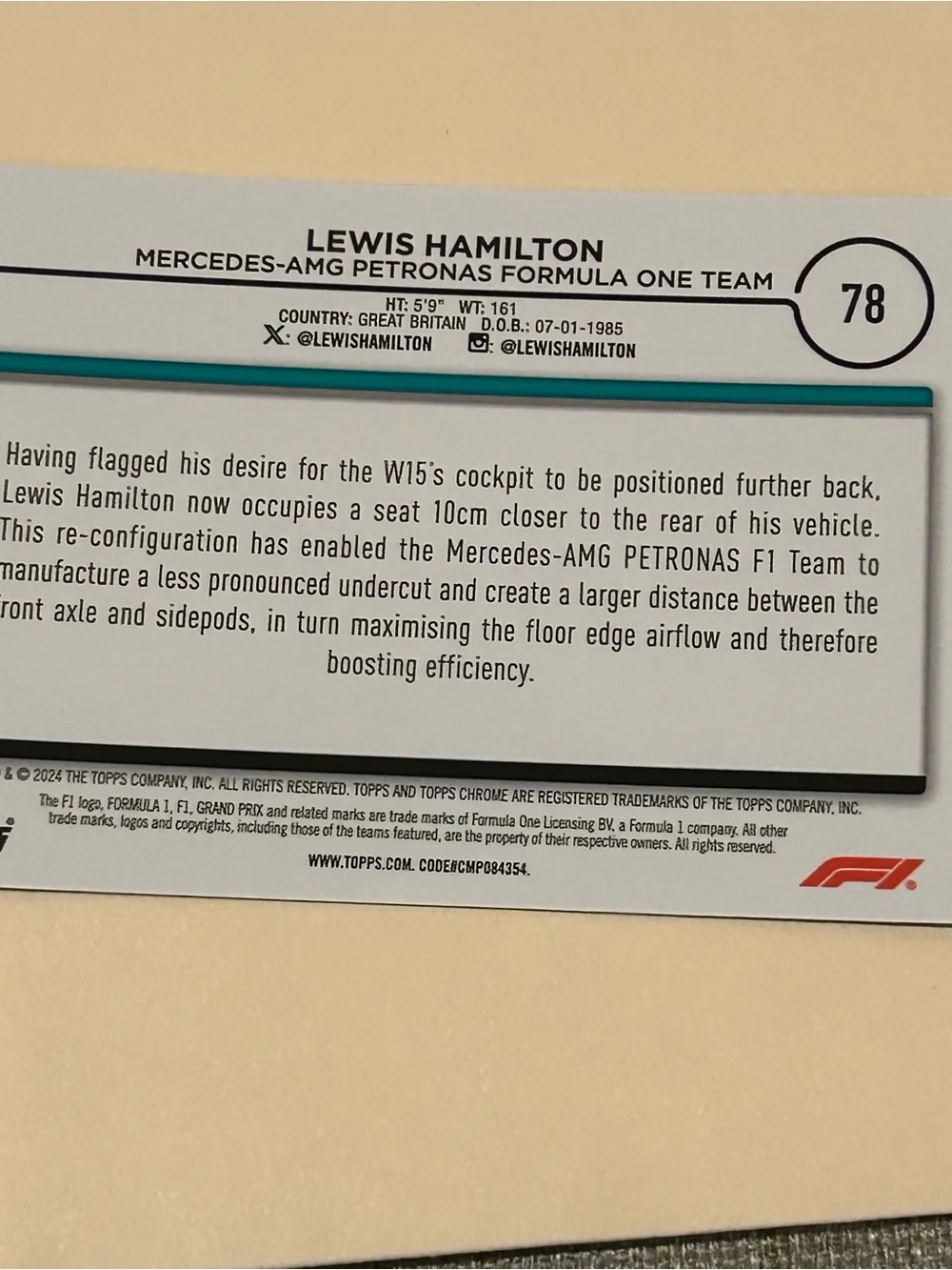 Lewis Hamilton Mercedes Formula 1 Trading Card - Blue & Black